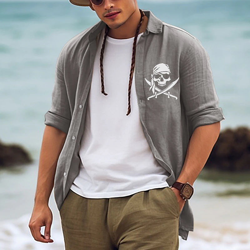 Pirate Skulls Casual Men's Shirt Linen Shirt Outdoor Daily Vacation Spring &  Fall Lapel Long Sleeve White, Pink, Army Green S, M, L Polyester Shirt