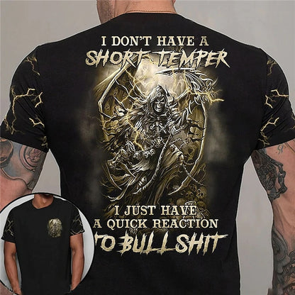 Grim Reaper Short Temper Mens 3D Shirt For Don Have Just Quick Reaction To Bull Shit | Black Summer Cotton | Men'S Unisex Tee Slogan Shirts Skull Graphic Prints Crew Neck 3D Outdoor Street Sleeve