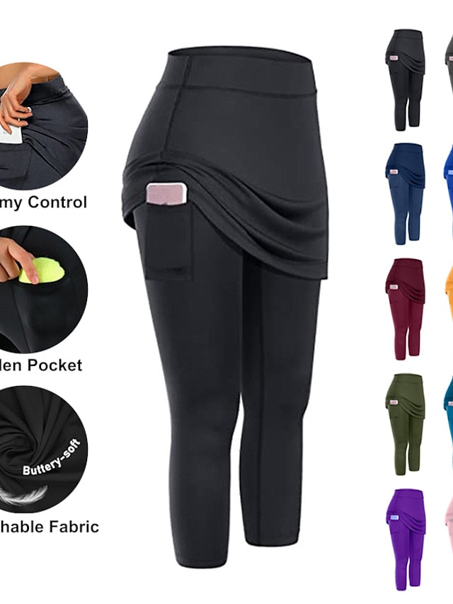 Women's Running Capri Leggings Running Skirt with Tights 2 in 1 with Phone Pocket Base Layer Athletic Athleisure Spandex Breathable Moisture Wicking Soft Gym Workout Running Jogging Sportswear - LuckyFash™