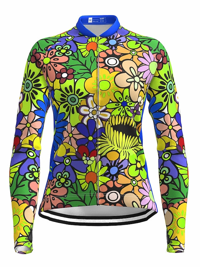 21Grams Women's Cycling Jersey Long Sleeve Bike Top with 3 Rear Pockets Mountain Bike MTB Road Bike Cycling Breathable Moisture Wicking Quick Dry Reflective Strips Yellow Blue Purple Rainbow Floral - LuckyFash™