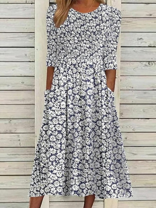 Feminine Floral Print Ruched Midi Dress with Half Sleeves