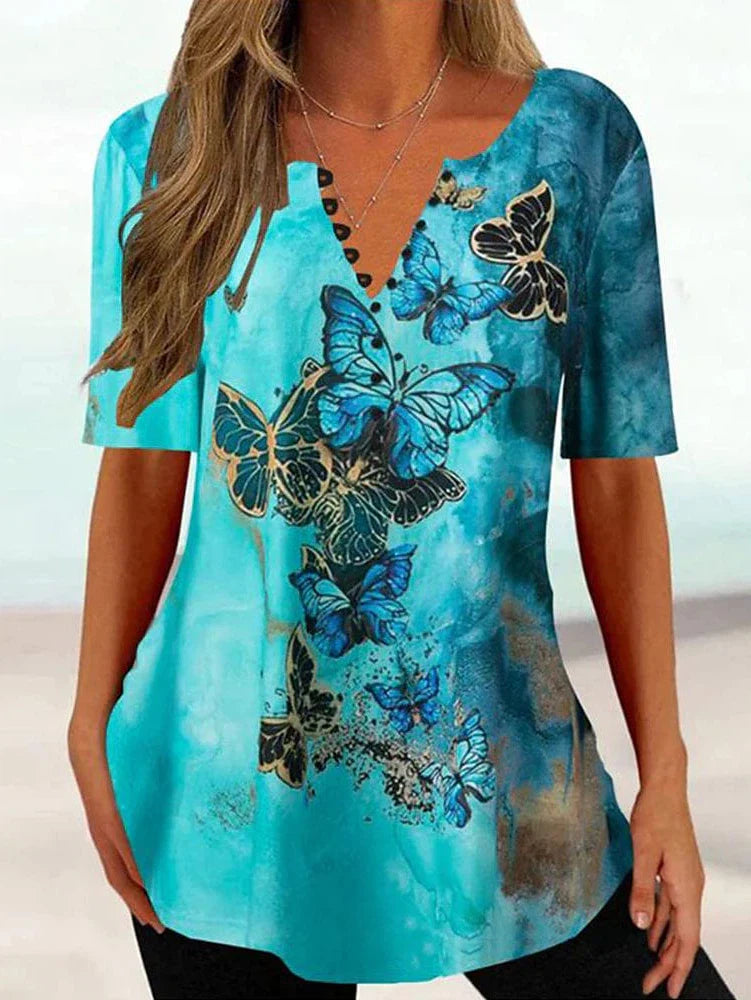 Floral Butterfly Print Women's T-Shirt Henley with Button-Down Short Sleeve Casual V-Neck