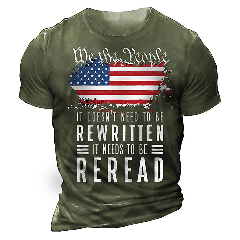 3D Flag Print Men's Summer Cotton Tee | Distressed Graphic Short Sleeve Henley Shirt