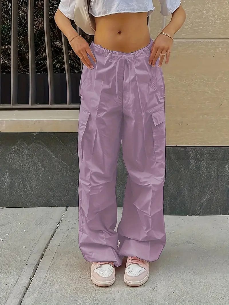 Y2K Comfy Cargo Trousers with Drawstring Waist & Pockets, Stylish Wide Leg High Waist Bottoms