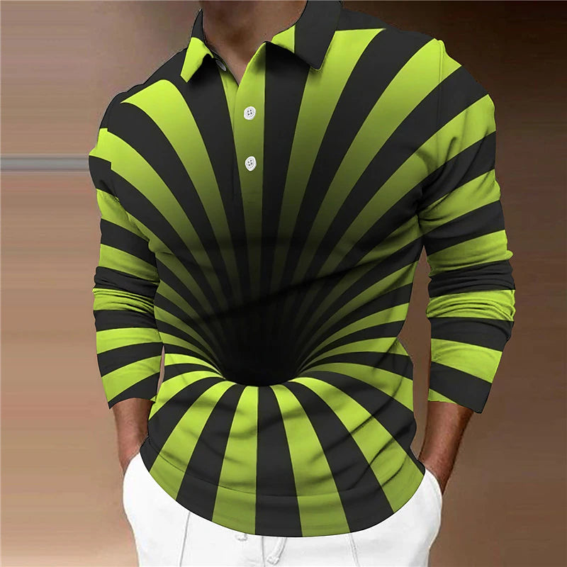 Men's Polo Shirt Golf Shirt Optical Illusion Graphic Prints Turndown Black-White Black White+Black White Blue 3D Print Outdoor Street Long Sleeve Print Button-Down Clothing Apparel Fashion Designer
