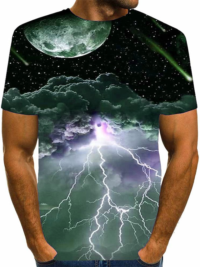 Halloween Lightning Strikes The Sky Mens Graphic Shirt Casual 3D For Festival | Black Summer Cotton Tee Moon Round Neck Blue Green Daily Going Out Short Sleeve Print