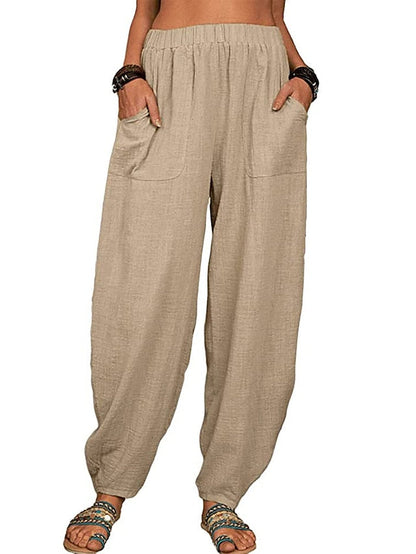 Yoga Fitness Women's High Waist Wide Leg Linen Pants - White/Black/Gray