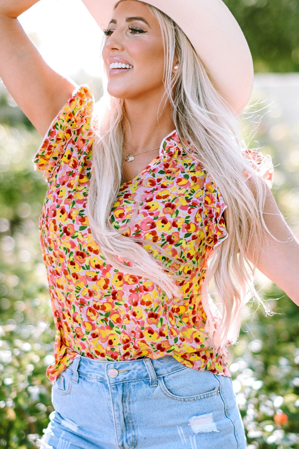 Yellow Floral Ruffle Sleeve V Neck Tank Top with Flutter Detail