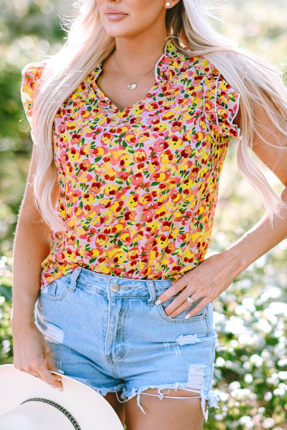 Yellow Floral Ruffle Sleeve V Neck Tank Top with Flutter Detail