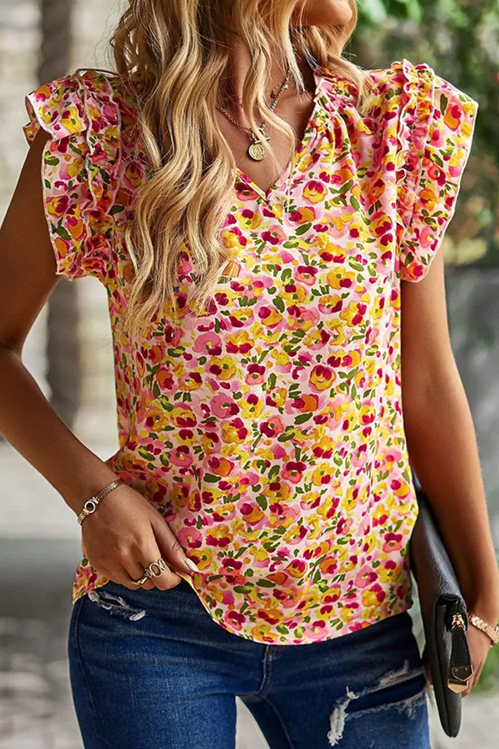 Yellow Floral Ruffle Sleeve V Neck Tank Top with Flutter Detail