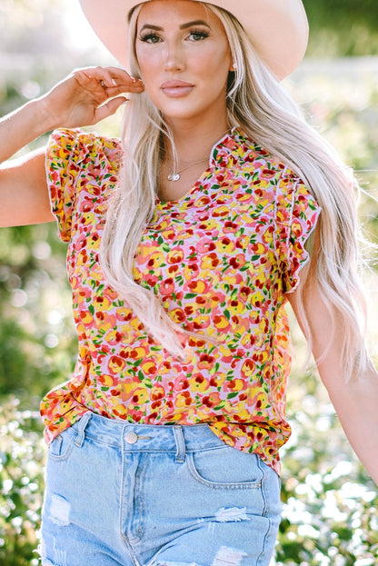 Yellow Floral Ruffle Sleeve V Neck Tank Top with Flutter Detail