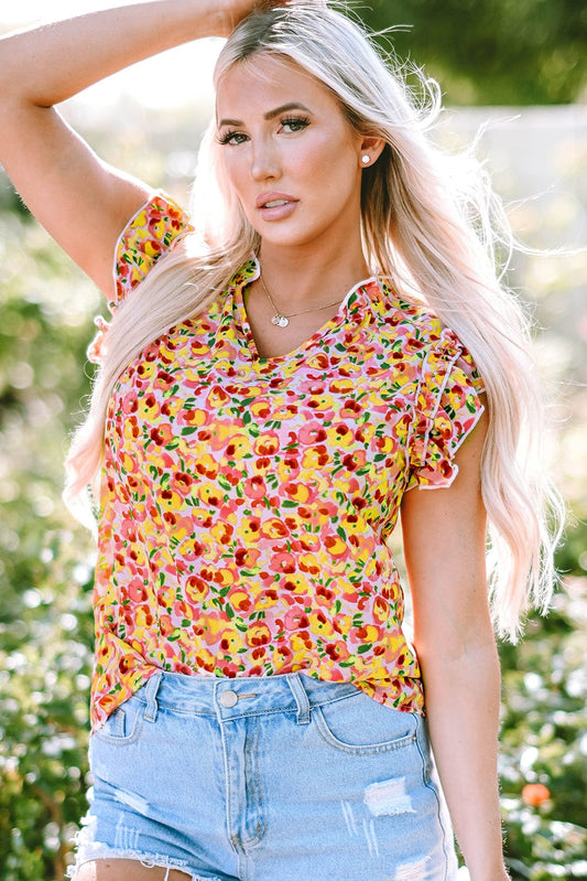 Yellow Floral Ruffle Sleeve V Neck Tank Top with Flutter Detail