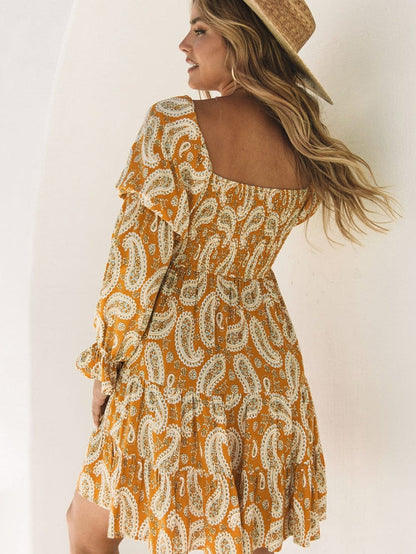 Yellow Geometric Print Bohemian Long Sleeve Shift Dress