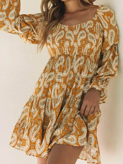 Yellow Geometric Print Bohemian Long Sleeve Shift Dress