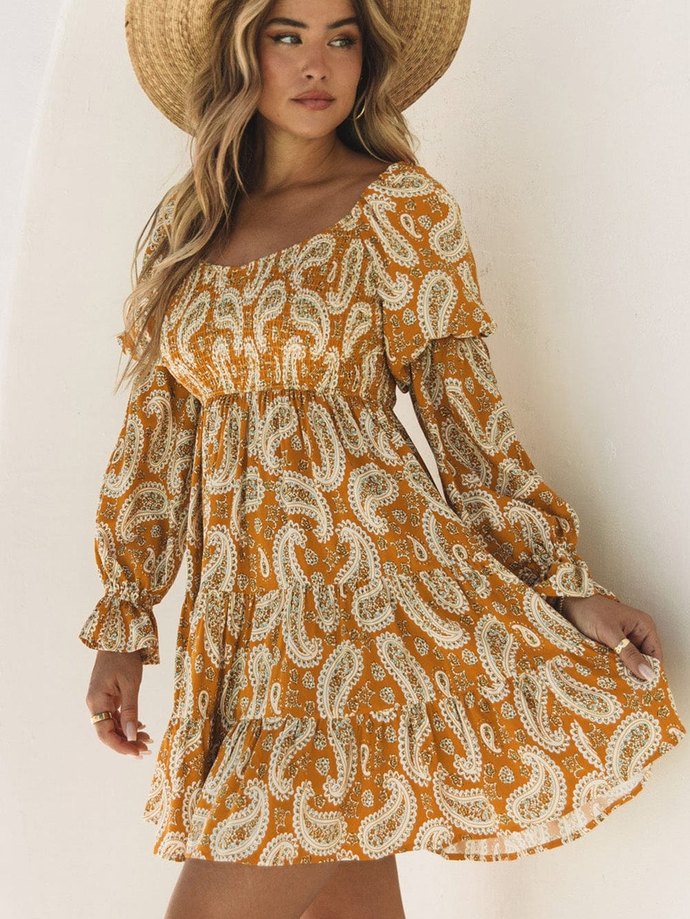 Yellow Geometric Print Bohemian Long Sleeve Shift Dress