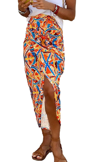 Yellow High Waist Maxi Skirt with Geometric Abstract Print