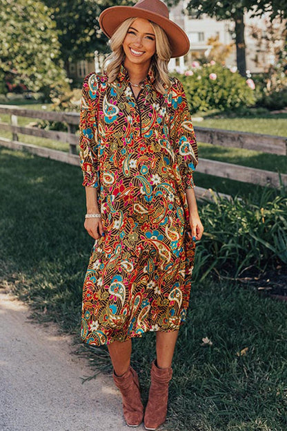 Yellow Paisley Collared Midi Dress with 3/4 Sleeves