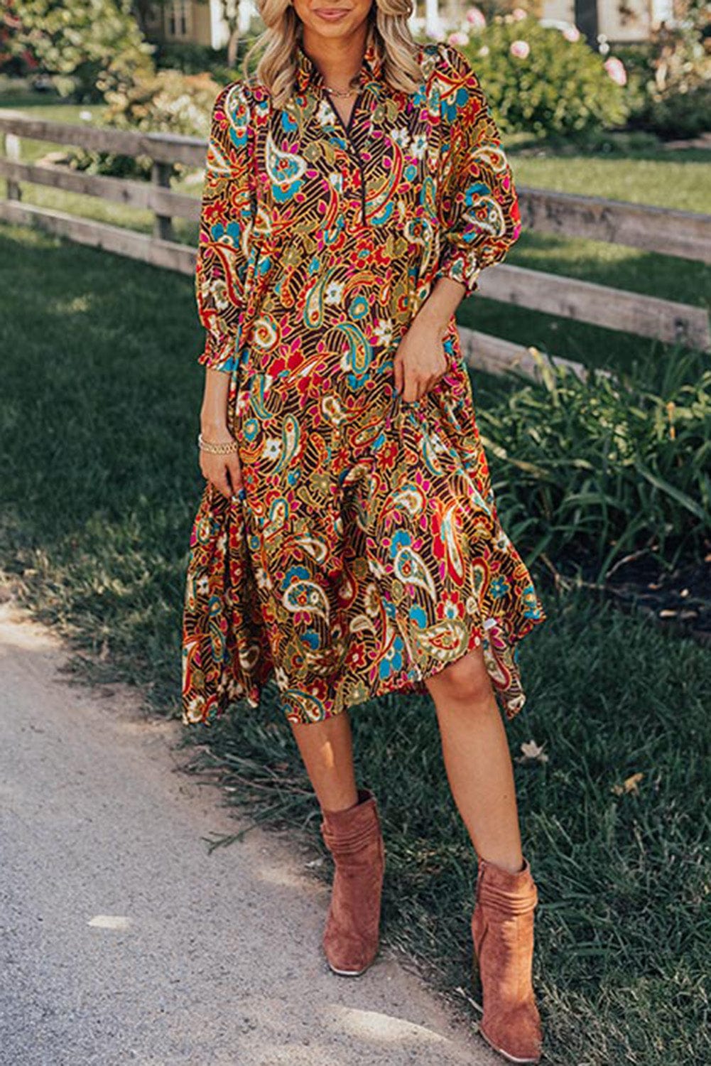 Yellow Paisley Collared Midi Dress with 3/4 Sleeves