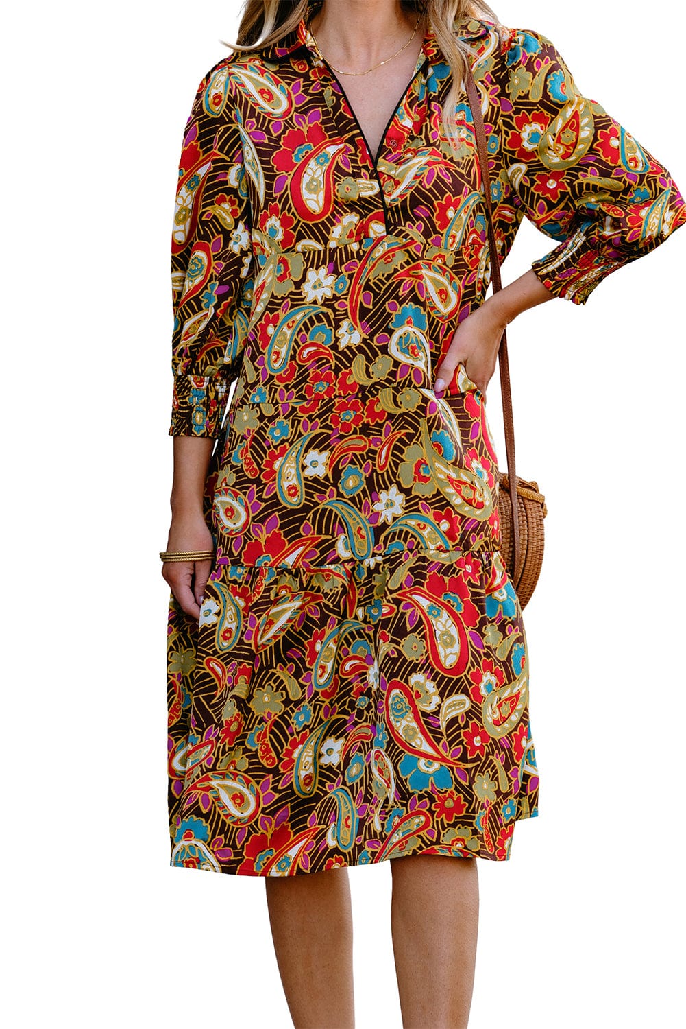 Yellow Paisley Collared Midi Dress with 3/4 Sleeves