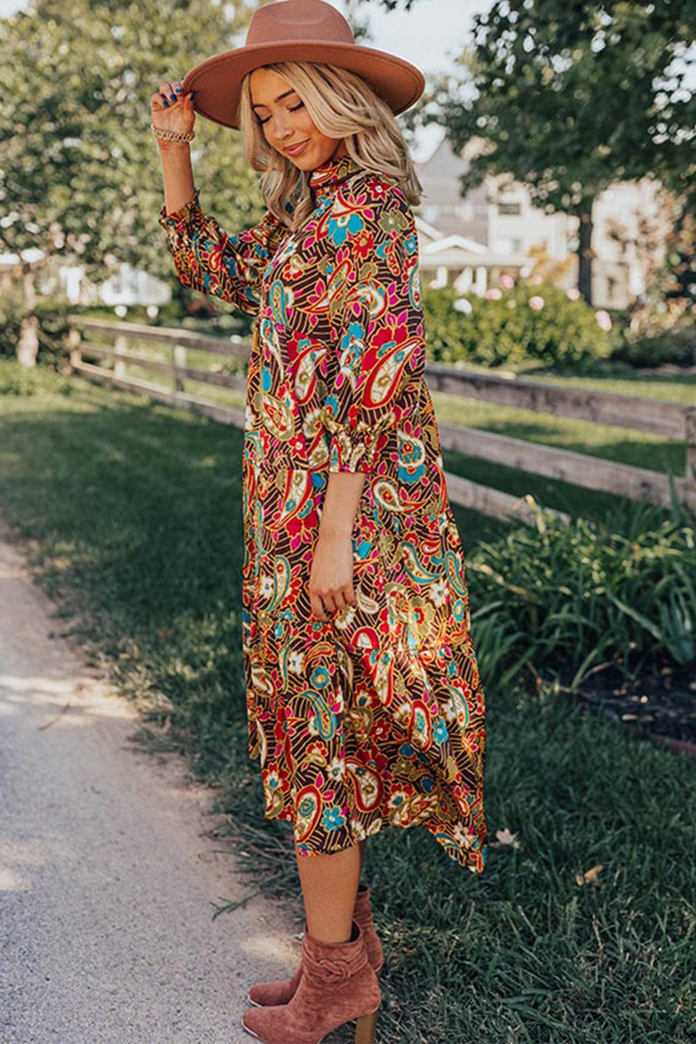 Yellow Paisley Collared Midi Dress with 3/4 Sleeves