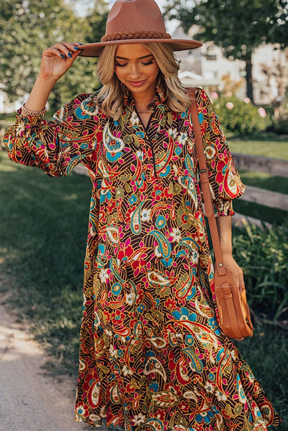 Yellow Paisley Collared Midi Dress with 3/4 Sleeves