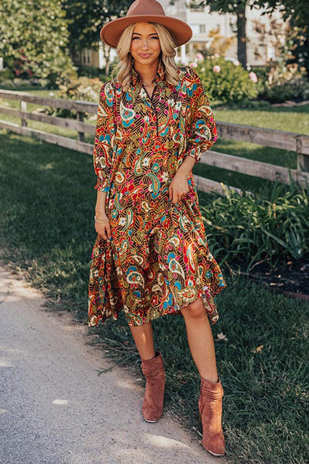 Yellow Paisley Collared Midi Dress with 3/4 Sleeves