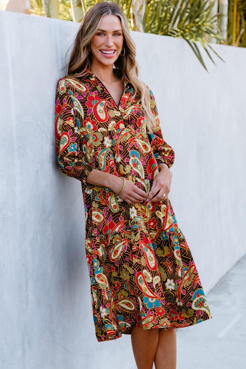 Yellow Paisley Collared Midi Dress with 3/4 Sleeves