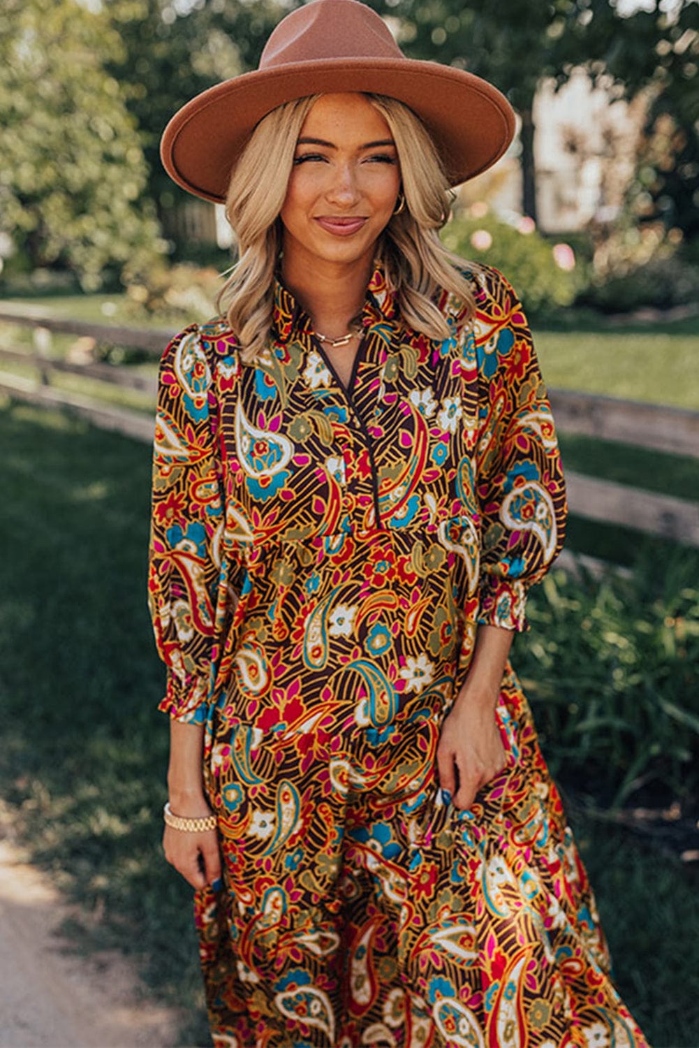 Yellow Paisley Collared Midi Dress with 3/4 Sleeves