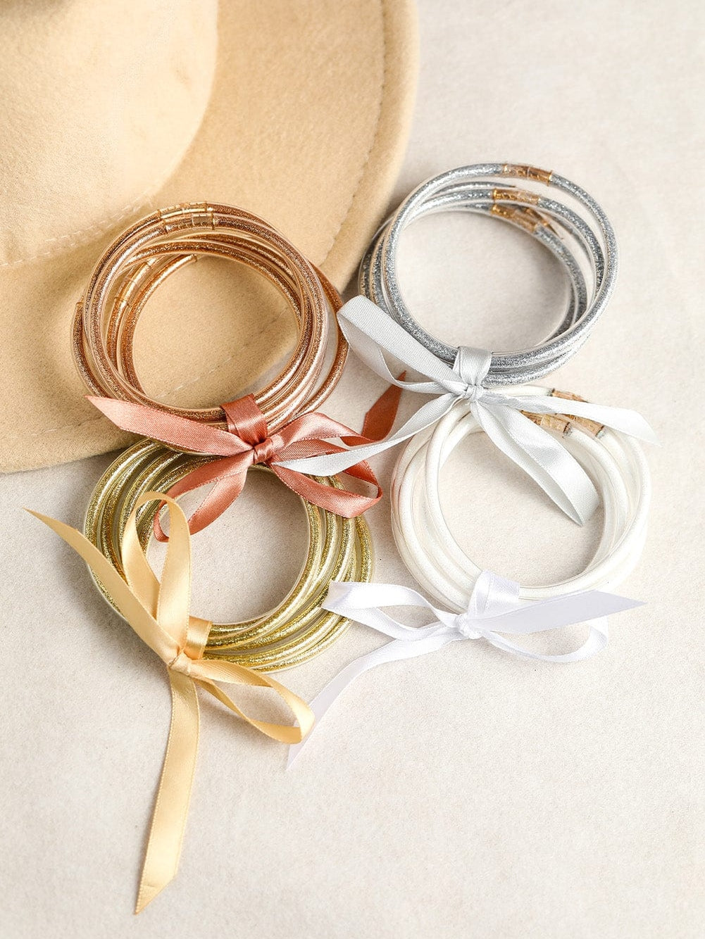 Yellow Sparkling Bow Knot Ribbon Bracelet Set - Set of 5