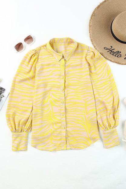 Yellow Zebra Striped Lantern Sleeve Blouse