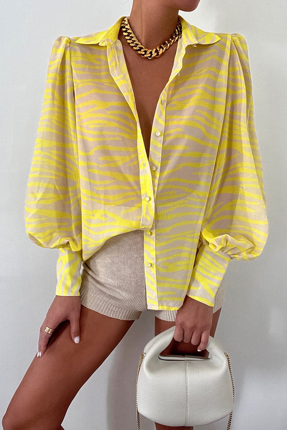 Yellow Zebra Striped Lantern Sleeve Blouse