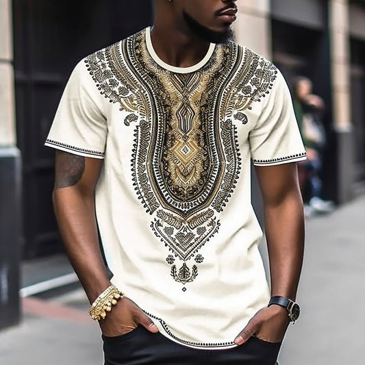 Floral African Mens 3D Shirt Casual | White Summer Cotton | Tee Graphic Color Block Tribal Crew Neck Clothing Apparel 3D Print Outdoor Daily Short Sleeve Fashion Designer Ethnic