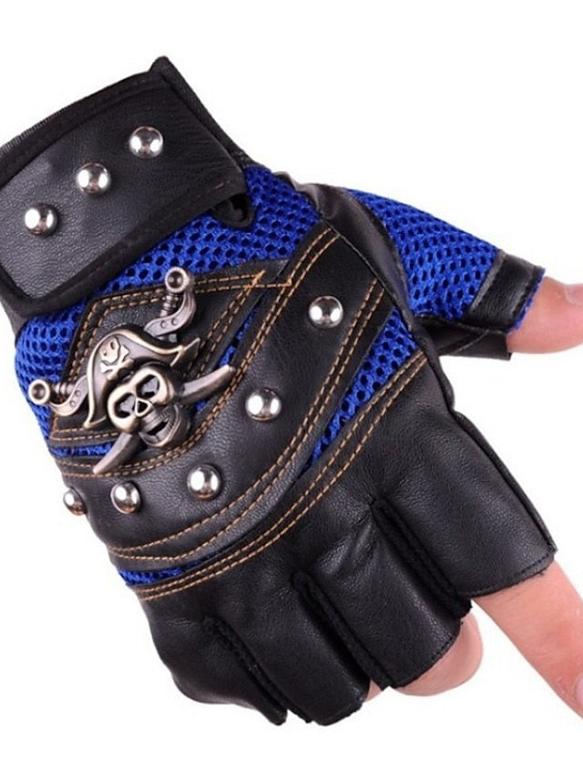 Eco-Chic Men's Faux Leather Half Finger Streetwear Outdoor Gloves in Color Block Black Blue Red