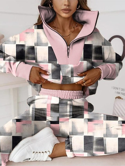 Women's Black and Pink Plaid Print Sweatshirt and Tracksuit Pants Set