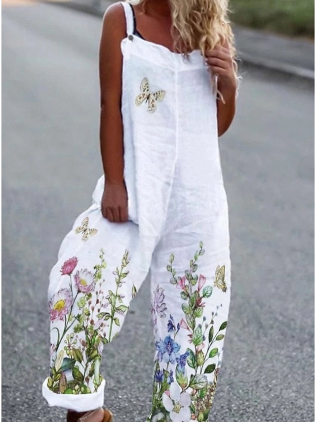 Floral Print White Jumpsuit for Women