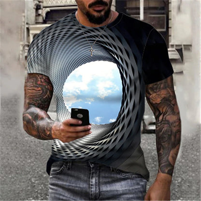 3D Clouds Illusion Men's Tee | Blue Geometric Summer Shirt | Round Neck Cotton Street Fashion