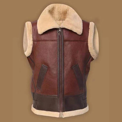 Vintage Retro Men's Leather Shearling Zip-Up Vest with Faux Fur Lining in Deep Green