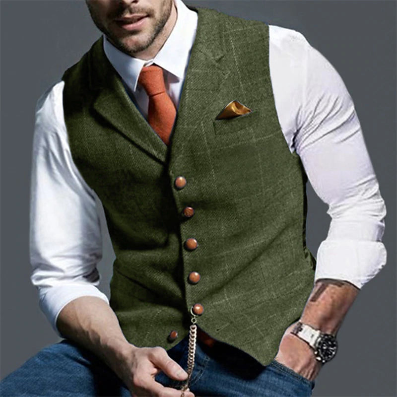 Vintage Style Men's V-Neck Waistcoat in Deep Green Navy Leaf with Print Design