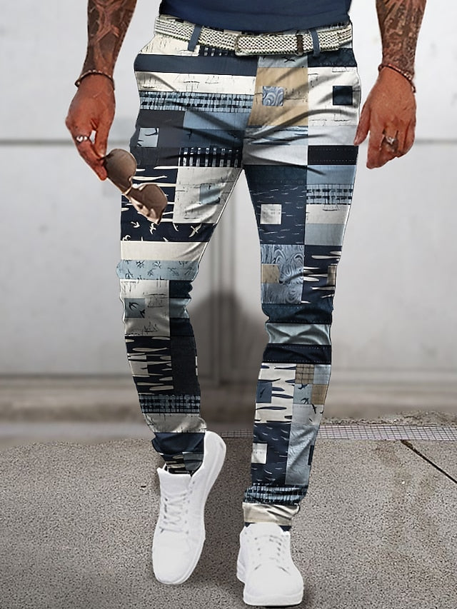 Christmas Patchwork Denim Pants Mens Graphic Plaid Geometry Business 3D Print Trousers Outdoor Street Wear To Polyester Navy Blue Royal Mid Waist Elasticity Casual Navy-Blue