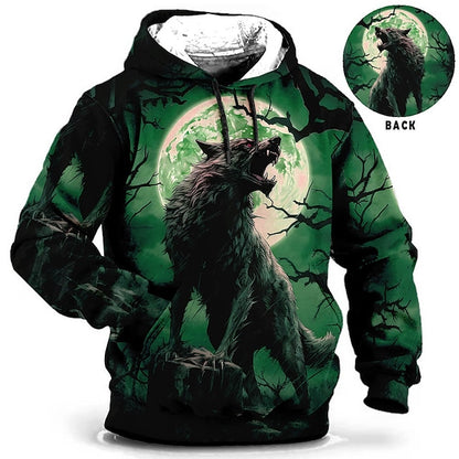 Halloween Howl At The Moon Mens Graphic Hoodie Animal Wolf Prints Daily Classic Casual 3D Pullover Holiday Going Out Streetwear Hoodies Blue Orange Green Long Sleeve Black Howling Cotton