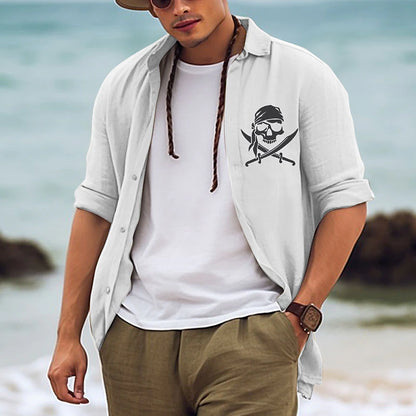 Pirate Skulls Casual Men's Shirt Linen Shirt Outdoor Daily Vacation Spring &  Fall Lapel Long Sleeve White, Pink, Army Green S, M, L Polyester Shirt