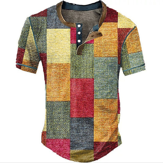 3D Print Waffle Henley Men's Shirt | Designer Graphic Plaid Block Apparel | Multicolored Summer Cotton Casual Button-Up