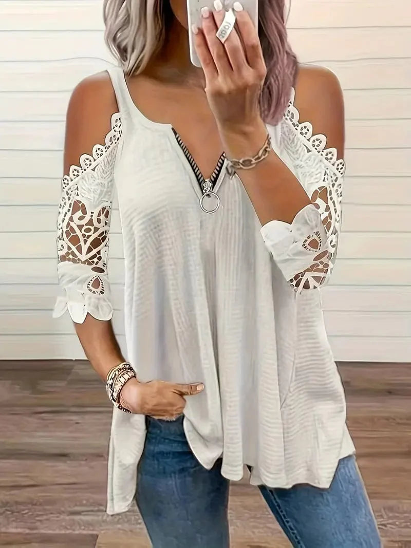 Zipper Detail Cold Shoulder Lace Top, Stylish V Neck Short Sleeve T-Shirt, Everyday Casual Women's Top