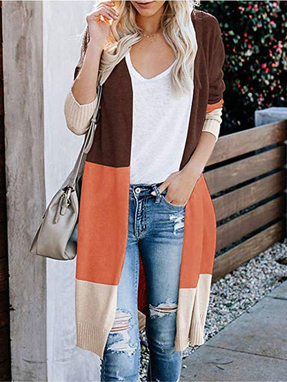 Stylish Women's Cotton Cardigan Sweater with Color Block Patchwork