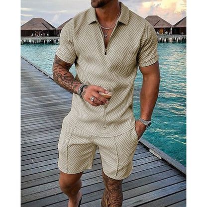 Men's T-shirt Suits Golf Polo Street Casual Turndown Quarter Zip Short Sleeve Modern Casual Curve Waves 3D Print Summer Regular Fit Green / Black Black Yellow Pink Red Navy Blue T-shirt Suits