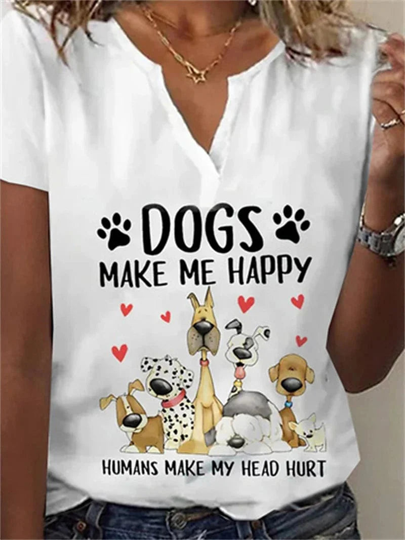 Trendy Women's Dog Print V-Neck T-Shirt with Short Sleeves