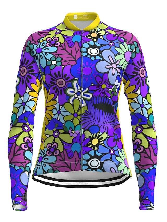 21Grams Women's Cycling Jersey Long Sleeve Bike Top with 3 Rear Pockets Mountain Bike MTB Road Bike Cycling Breathable Moisture Wicking Quick Dry Reflective Strips Yellow Blue Purple Rainbow Floral - LuckyFash™