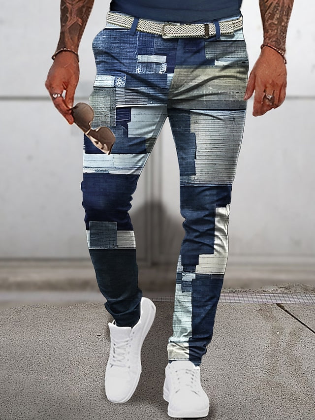 Christmas Patchwork Denim Pants Mens Graphic Plaid Geometry Business 3D Print Trousers Outdoor Street Wear To Polyester Navy Blue Royal Mid Waist Elasticity Casual Navy-Blue