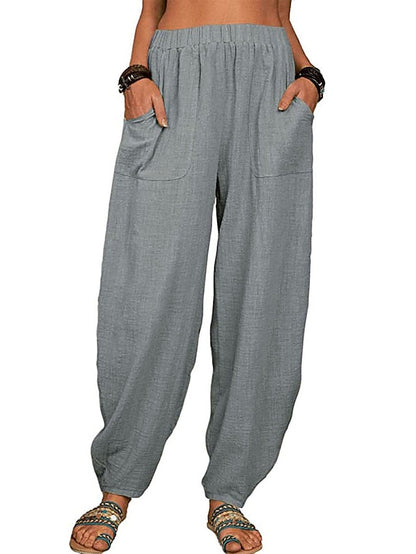 Yoga Fitness Women's High Waist Wide Leg Linen Pants - White/Black/Gray