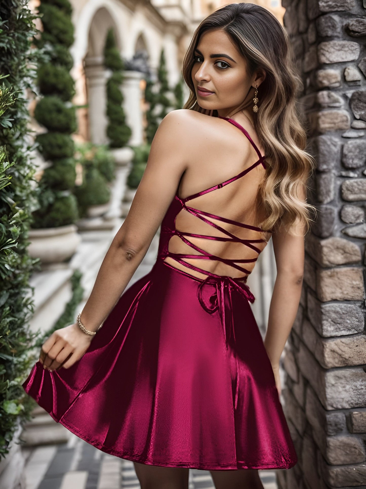A-Line Spaghetti Straps Back Lace-Up Homecoming Dress